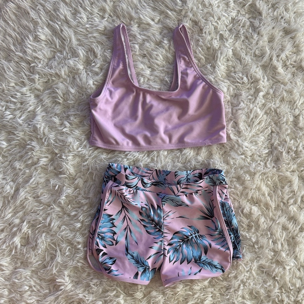 SHEIN Pink and Blue Tropical Two-Piece Active Set